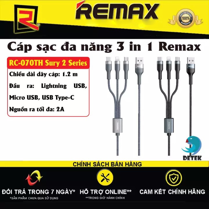 Cáp sạc đa năng REMAX RC-070th 3 trong 1 từ USB ra Type C, Micro USB, Lightning